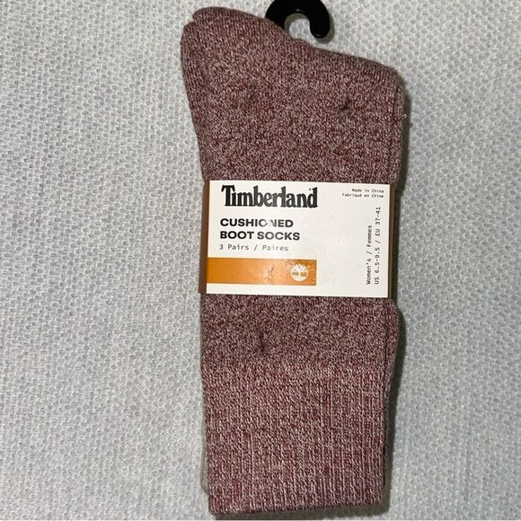 Timberland Beige Heather Burgundy Tan W6.5-9.5 Knit Cushioned Boot Socks 3 Pack - Picture 9 of 10